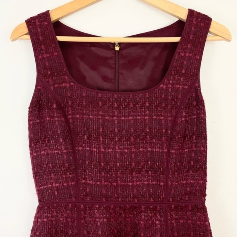 Tory Burch Drew Tweed Sheath Dress Maroon Dark Plum Square Neck